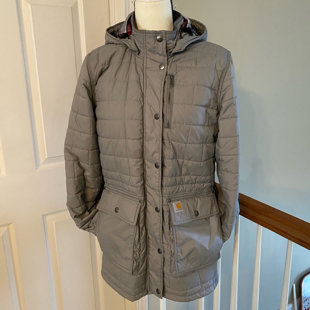 Carhartt Women’s Small 4/6 Amoret Puffer Style Gray Hooded Long Coat Good Cond - Picture 3 of 16